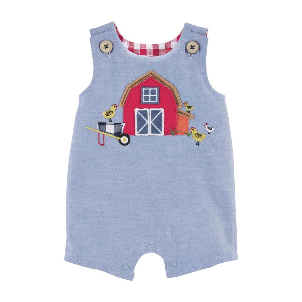 Mud Pie Red and Blue Chambray Barnyard Romper